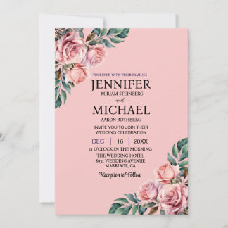 Pink Watercolor Roses Floral Wedding Invitations Kaart
