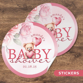 Pink Watercolor Valentine Teddy Bear Baby Shower Ronde Sticker