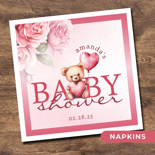 Pink Watercolor Valentine Teddy Bear Baby Shower Servet