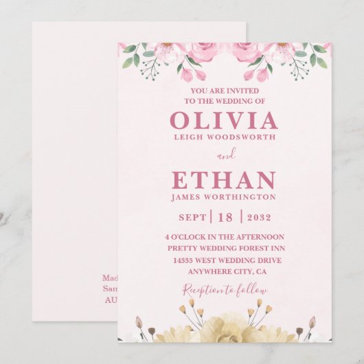 Pink Watercolor Wedding Party Virtual Invitation  Kaart (Voorkant / Achterkant)
