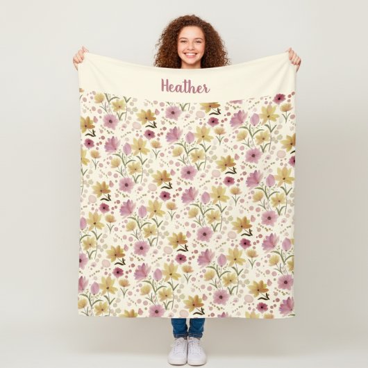 Pink Watercolor Wildflower Monogram Name Fleece Deken