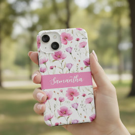 Pink Watercolor Wildflower Name Case-Mate iPhone 14 Hoesje