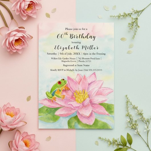 Pink Waterlily & Tree Frog Any Age Birthday  Kaart