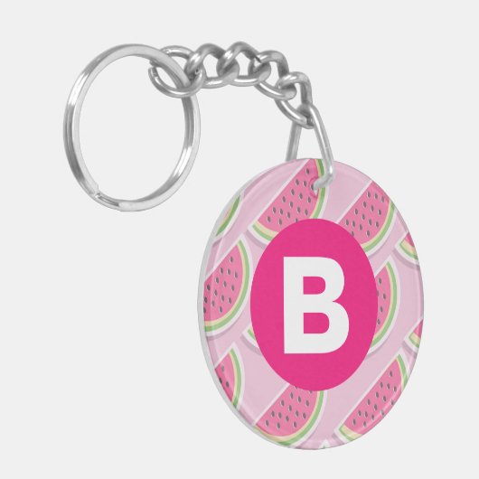 Pink Watermelon Pattern Circle Monogram Sleutelhanger (Voorkant Links)