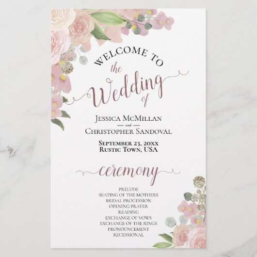 Pink Waterverf Floral Budget Wedding Programme (Voorkant)