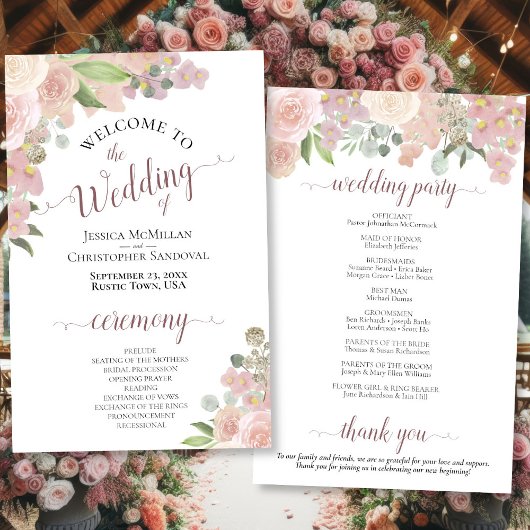 Pink Waterverf Floral Budget Wedding Programme
