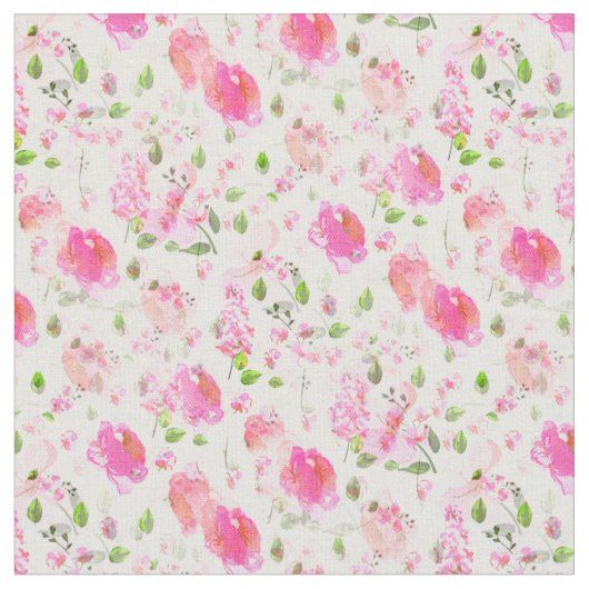 Pink Waterverf Floral Garden Pattern Fabric Stof (Close Up)