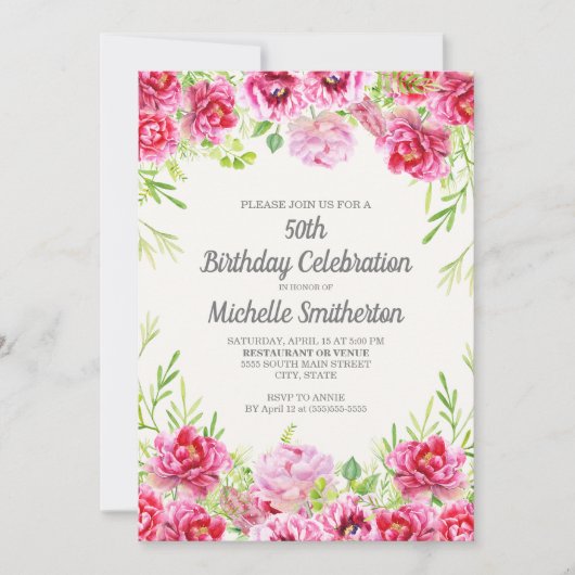Pink Waterverf Floral Greenery 50th Birthday Kaart (Voorkant)