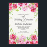 Pink Waterverf Floral Greenery 50th Birthday Kaart<br><div class="desc">Heldere roze waterverf floral and greenery 50th verjaardagsfeest. Neem contact met ons op voor hulp bij het aanpassen of aanpassen van producten.</div>