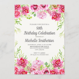 Pink Waterverf Floral Greenery 50th Birthday Kaart