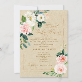 Pink Waterverf Floral Kraft Virtual Baby shower Kaart