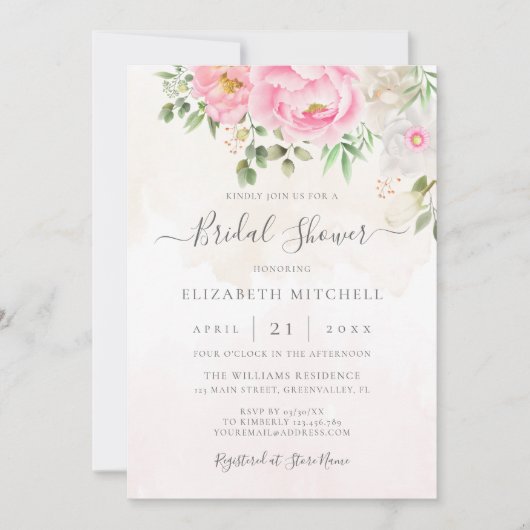 Pink Waterverf Floral Peony Elegant Vrijgezellenfe Kaart (Voorkant)