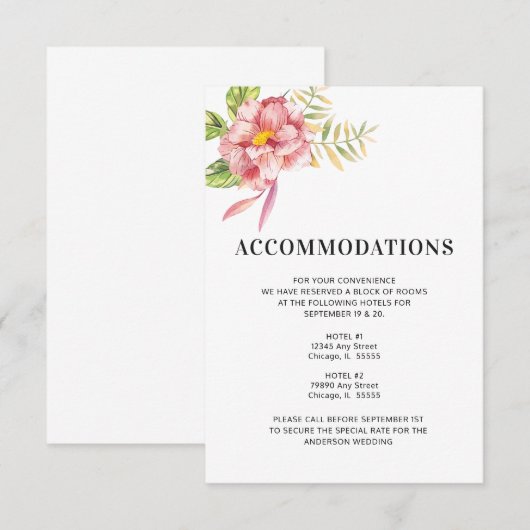 Pink Waterverf Floral Wedding Accommodations Informatiekaartje (Voorkant / Achterkant)
