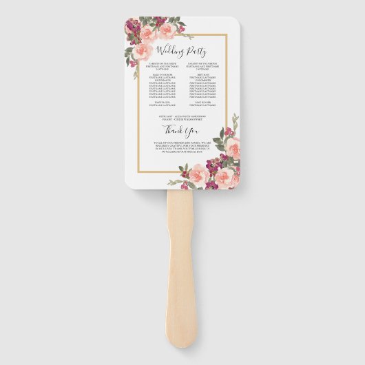 Pink Waterverf Floral Wedding Ceremony Programme Handwaaier (Achterkant)