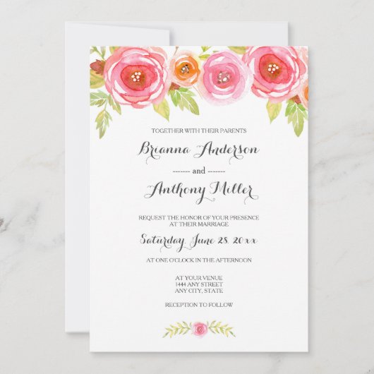 Pink Waterverf Floral Wedding Invite 3605 Kaart (Voorkant)