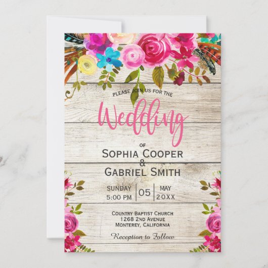 Pink Waterverf Floral Wood Typography Wedding Kaart (Voorkant)