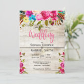 Pink Waterverf Floral Wood Typography Wedding Kaart (Staand voorkant)