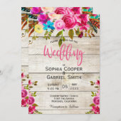 Pink Waterverf Floral Wood Typography Wedding Kaart (Voorkant / Achterkant)