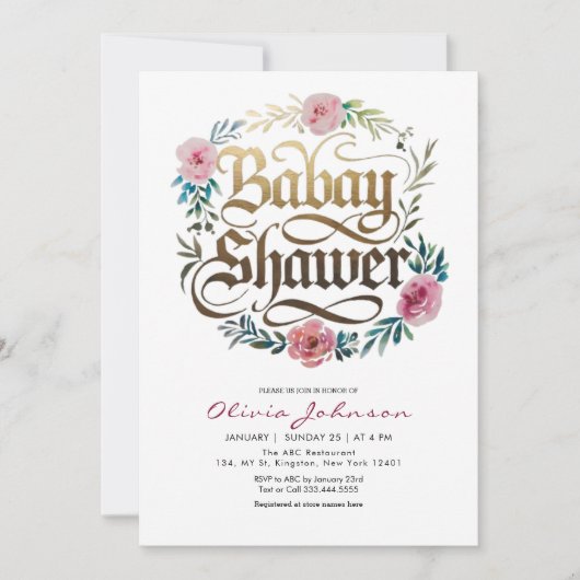 Pink Waterverf Flowers Baby shower Invitation Kaart (Voorkant)