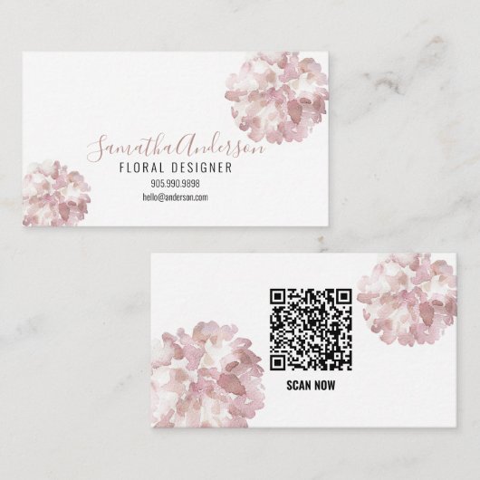 PINK WATERVERF FLOWERS VISITEKAARTJE met QR CODE (Voorkant / Achterkant)