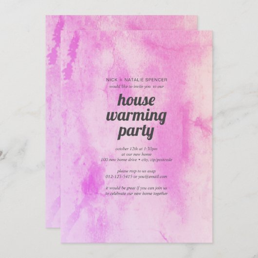 Pink waterverf House warming party uitnodiging (Voorkant / Achterkant)