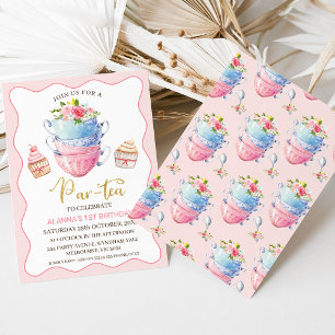 Pink Wave Floral Par-tea Party Verjaardag Kaart