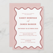 Pink Wavy Border Ceremony en Reception Weddenschap Kaart (Voorkant / Achterkant)