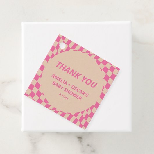 Pink Wavy Checker Couples Baby Shower Names Bedankjes Labels (In situ)