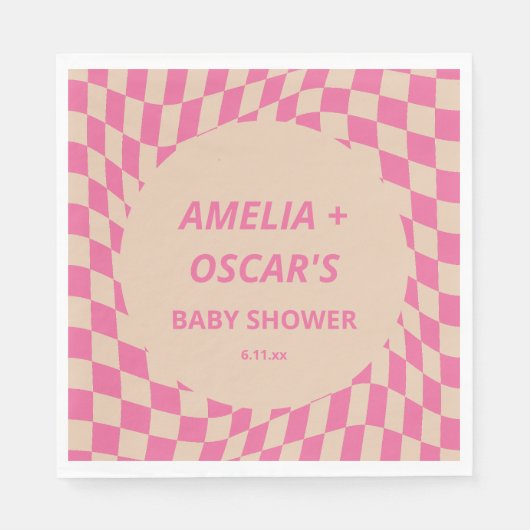 Pink Wavy Checker Couples Baby Shower Names Servet (Voorkant)