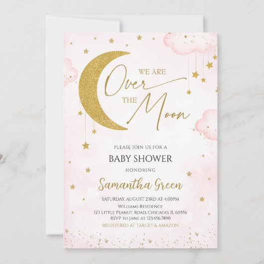 Pink We Are Over The Moon Baby shower Invitation Kaart (Voorkant)