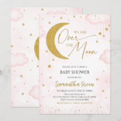 Pink We Are Over The Moon Baby shower Invitation Kaart (Voorkant / Achterkant)