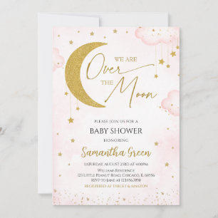 Pink We Are Over The Moon Baby shower Invitation Kaart