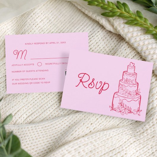 Pink Wedding Cake RSVP Card with QR Code Kaartje