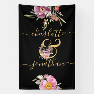 Pink Wedding Floral Gold Ampersand (&) met namen Spandoek