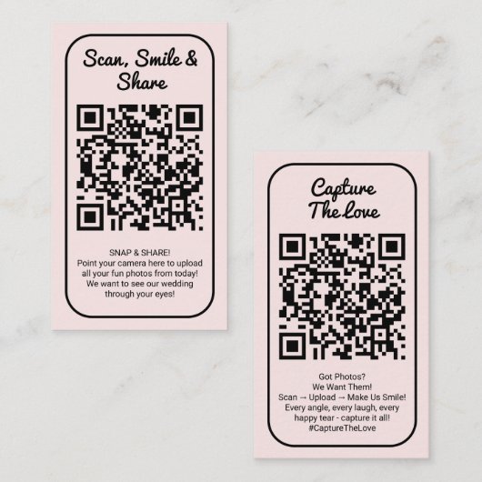 Pink Wedding Photo Sharing Capture Love QR Code  Visitekaartje (Voorkant / Achterkant)