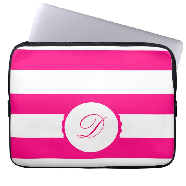Pink Weiß gestreift personalisiert Monogramm Laptop Sleeve (Voorkant)