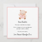 Pink Welcome Baby Floral Frame Teddy Bear Card (Achterkant)