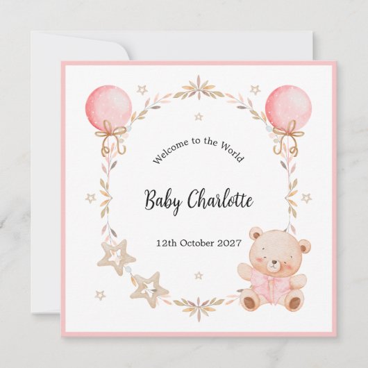 Pink Welcome Baby Floral Frame Teddy Bear Card (Voorkant)