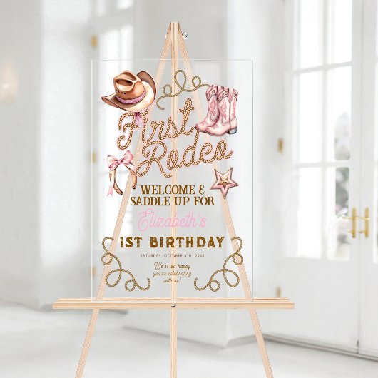 Pink Western First Rodeo Birthday Welcome Acryl Bord
