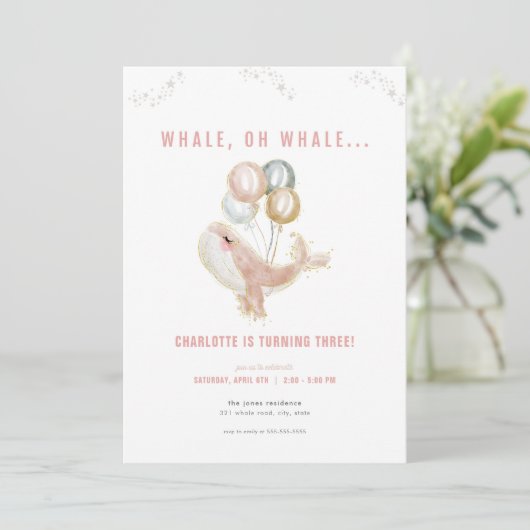 Pink Whale Oh Whale Verjaardag uitnodiging (Staand voorkant)