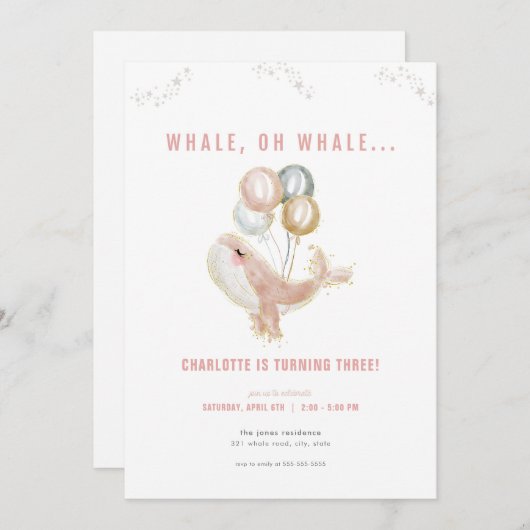 Pink Whale Oh Whale Verjaardag uitnodiging (Voorkant / Achterkant)