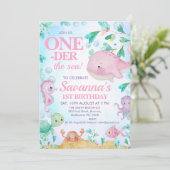Pink Whale One-der the Zee Creatures 1st Birthday Kaart (Staand voorkant)