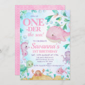 Pink Whale One-der the Zee Creatures 1st Birthday Kaart (Voorkant / Achterkant)