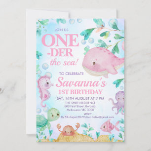 Pink Whale One-der the Zee Creatures 1st Birthday Kaart