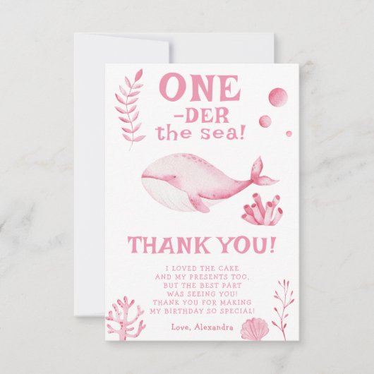 Pink Whale Oneder Het Zee 1e Verjaardag Bedankkaart (Voorkant)