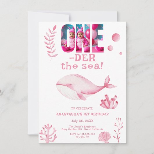 Pink Whale Oneder Het Zee 1e Verjaardag Kaart (Voorkant)