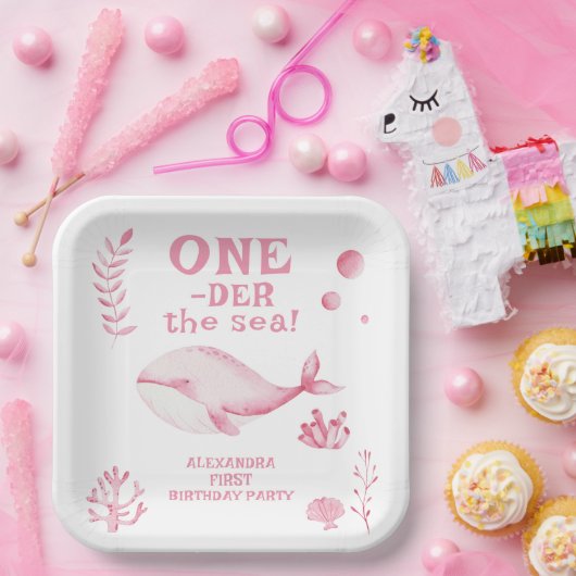 Pink Whale Oneder The Sea 1st Birthday  Papieren Bordje (Feest)