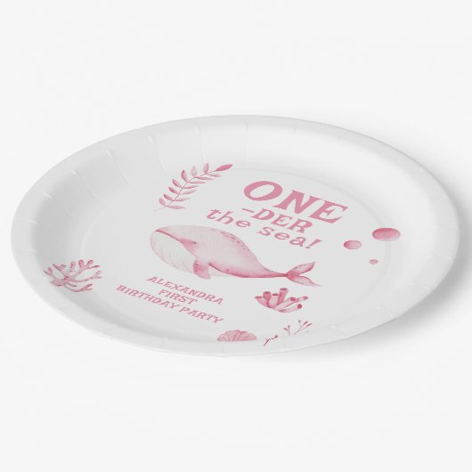 Pink Whale Oneder The Sea 1st Birthday  Papieren Bordje (Gekanteld)