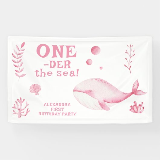 Pink Whale Oneder The Sea 1st Birthday Spandoek (Horizontaal)
