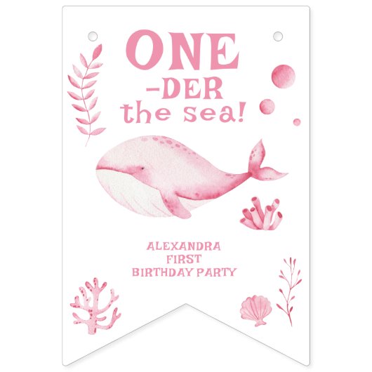Pink Whale Oneder The Sea 1st Birthday Vlaggetjes (Eerste vlag)